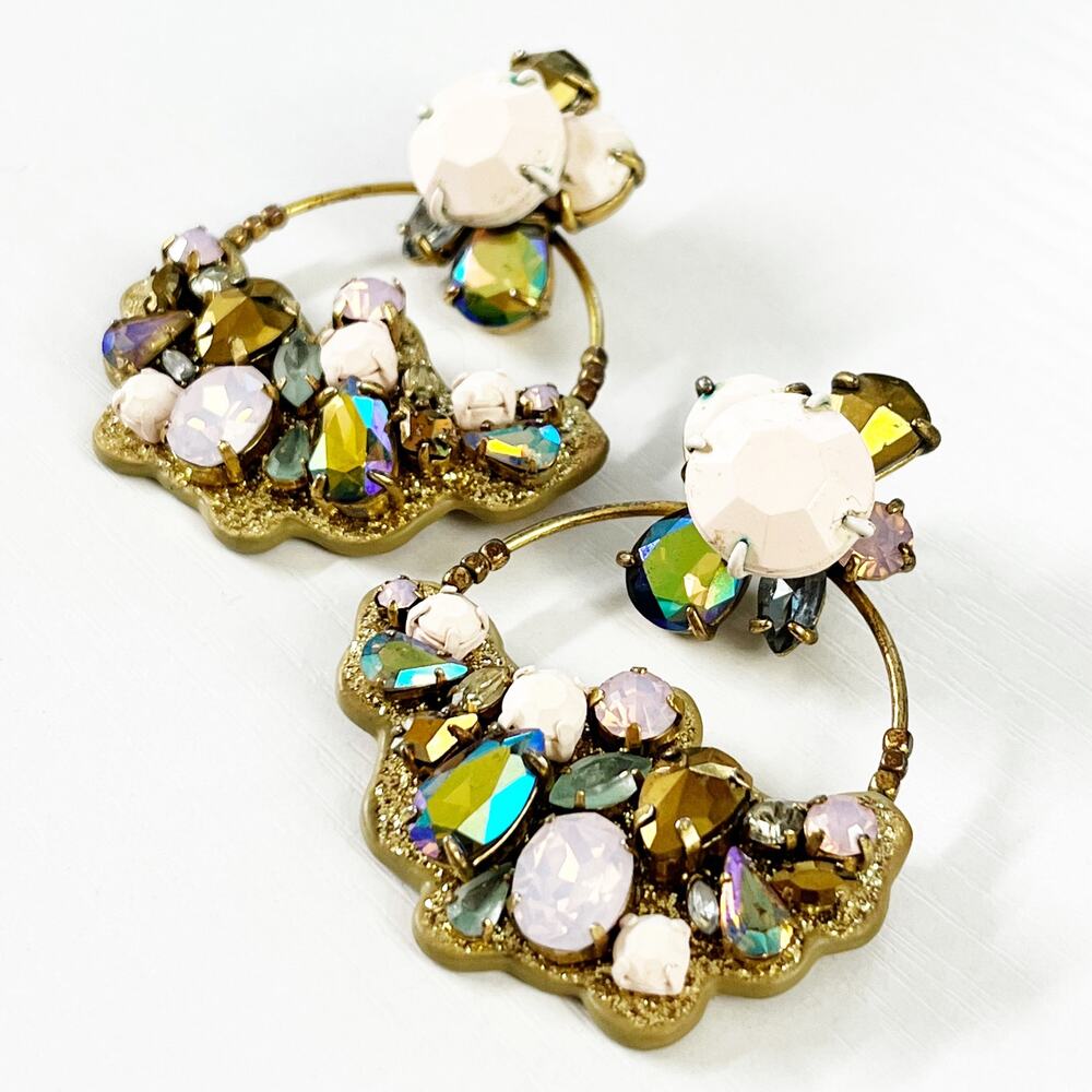 J. Crew Pink & Aurora Borealis Leather Back Hoop Earrings - Picture 2 of 9